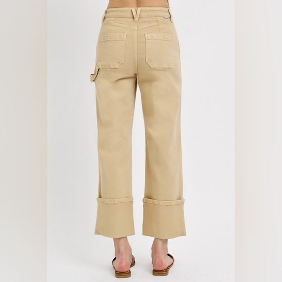 Risen High Rise Straight Wide Leg Cuffed Patch Pocket Jeans Tan Various NEW - Picture 4 of 5